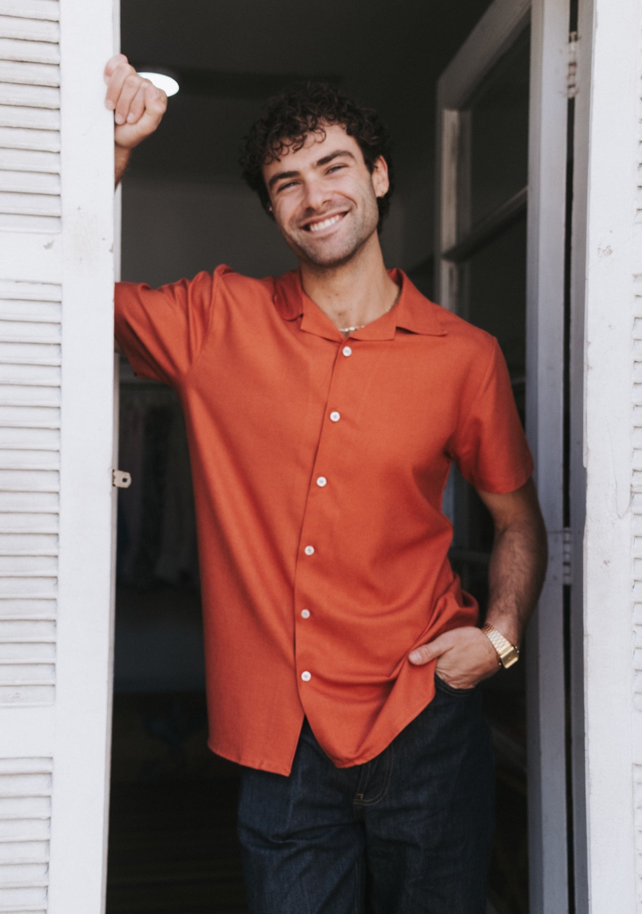 Men’s Terracotta Linen Shirt – Short Sleeve, Retro Style